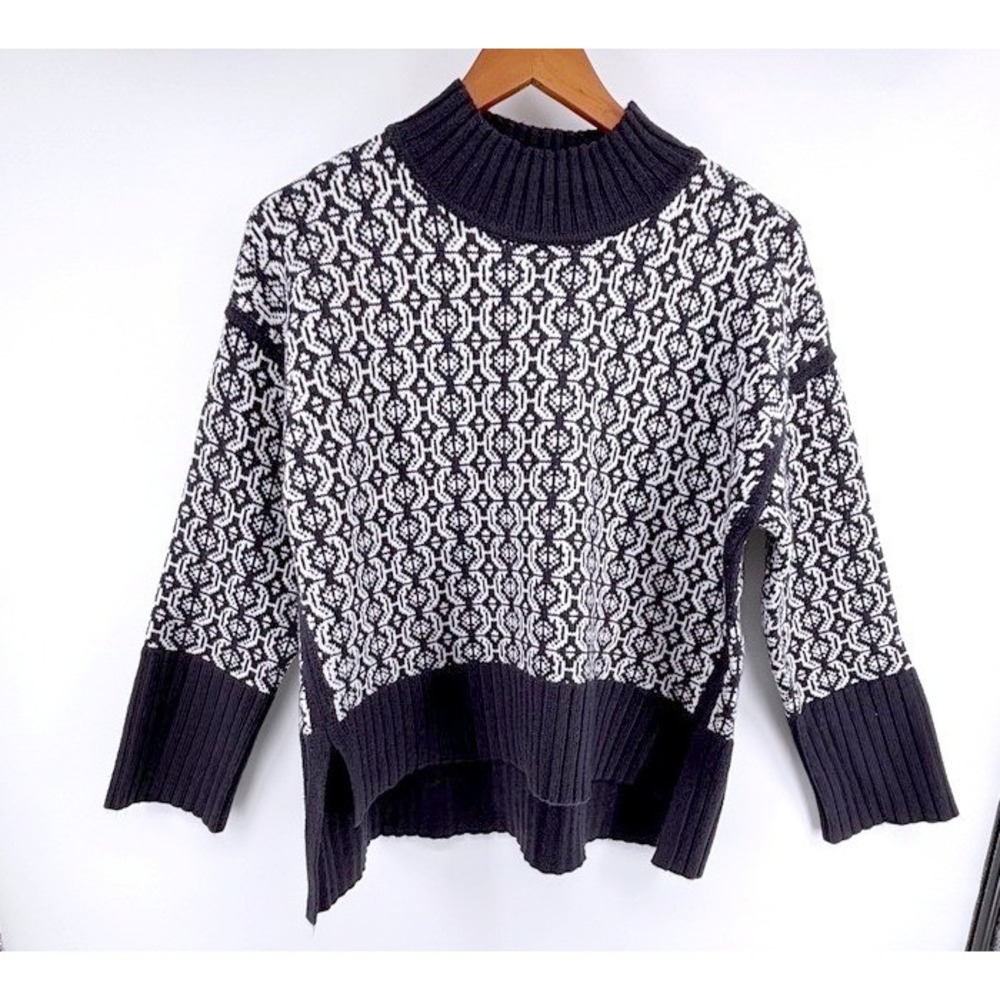 Dark Navy & White Fair Isle Nordic Sweater Sz L Mock Neck Hi-Low Wool Blend NEW